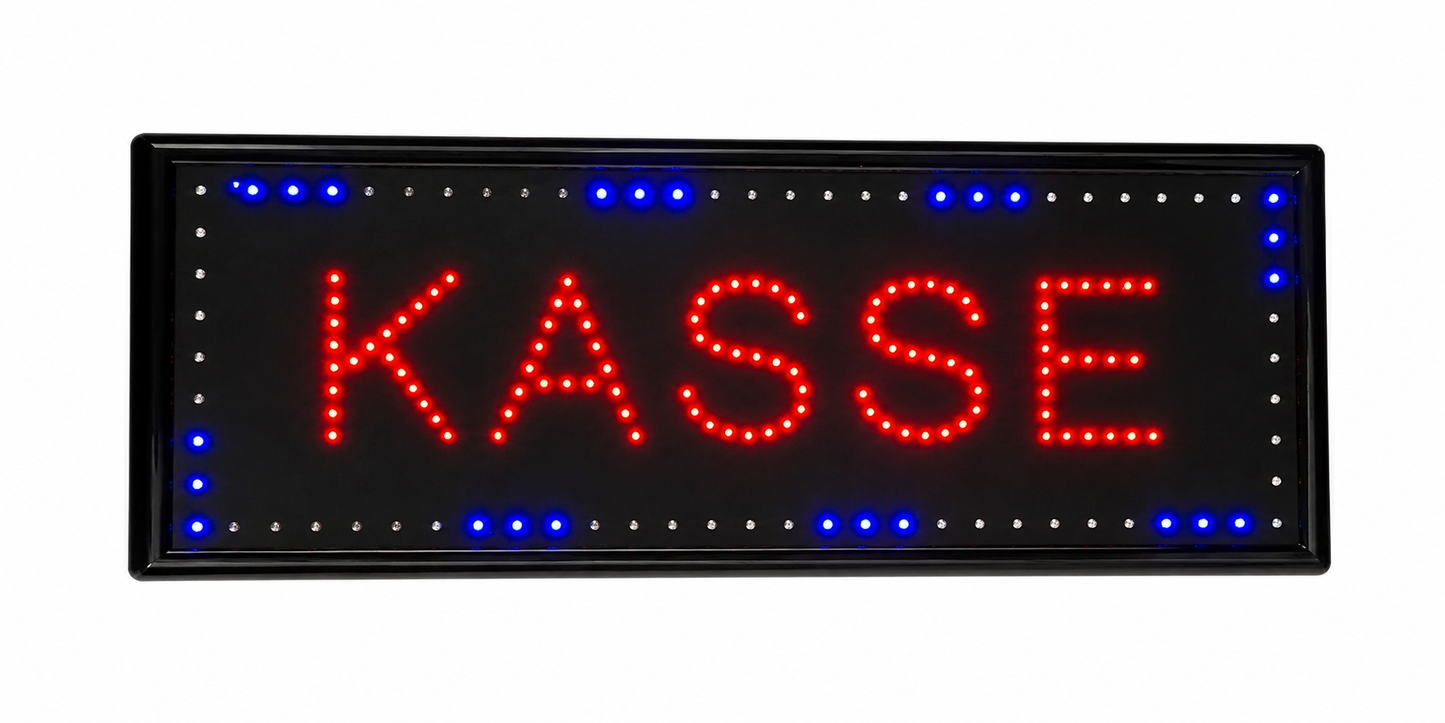 LED Sign „KASSE“ – Professionelles LED-Werbeschild mit roter Schrift und blauen Akzent-LEDs