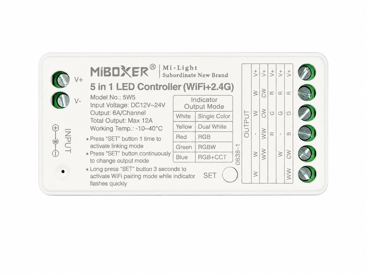 MiBoxer SW5 5-in-1 LED Controller WiFi + 2,4 GHz – RGB, RGBW, RGB+CCT, CCT & Single Color – 12–24V