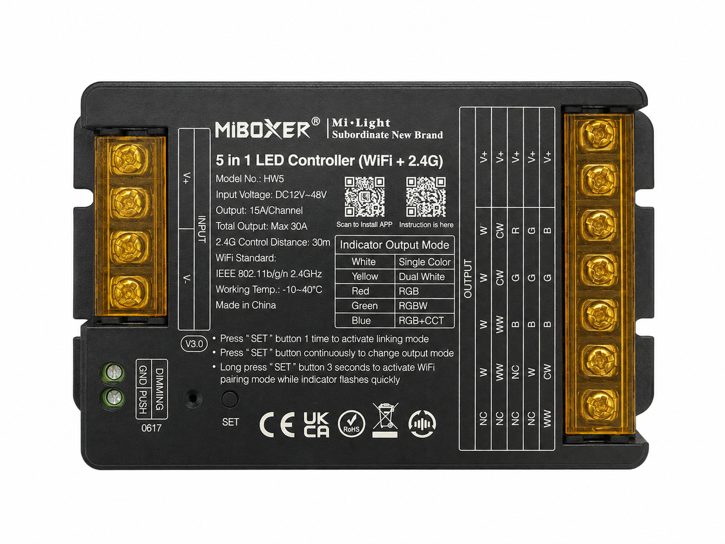 MiBoxer HW5 5-in-1 LED Controller 12–48V – WiFi + 2,4 GHz für RGB, RGBW, RGB+CCT