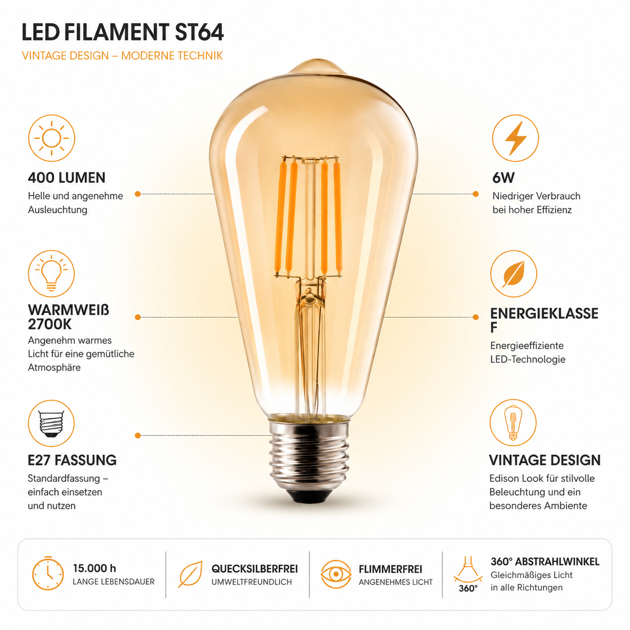 LED Filament Lampe ST64 | E27 Fassung | 6W ersetzt 40W | Warmweiß 2700K