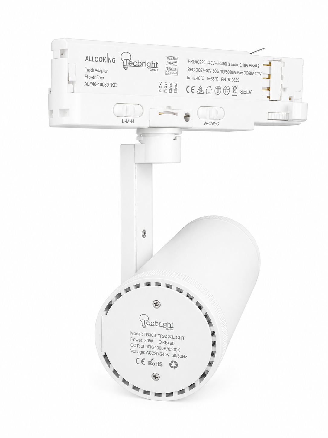 Tecbright ZoomTrack 30 Pro – 30W LED 3-Phasen Schienenstrahler | Weiß | CCT umschaltbar | Zoom 15°–55°