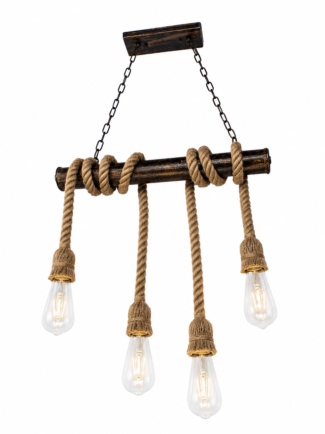 Rustikale 4-flammige Pendelleuchte aus Holz & Seil – 51 × 23 × 16 cm – 4× E27 – Vintage Industrial (9005-4)