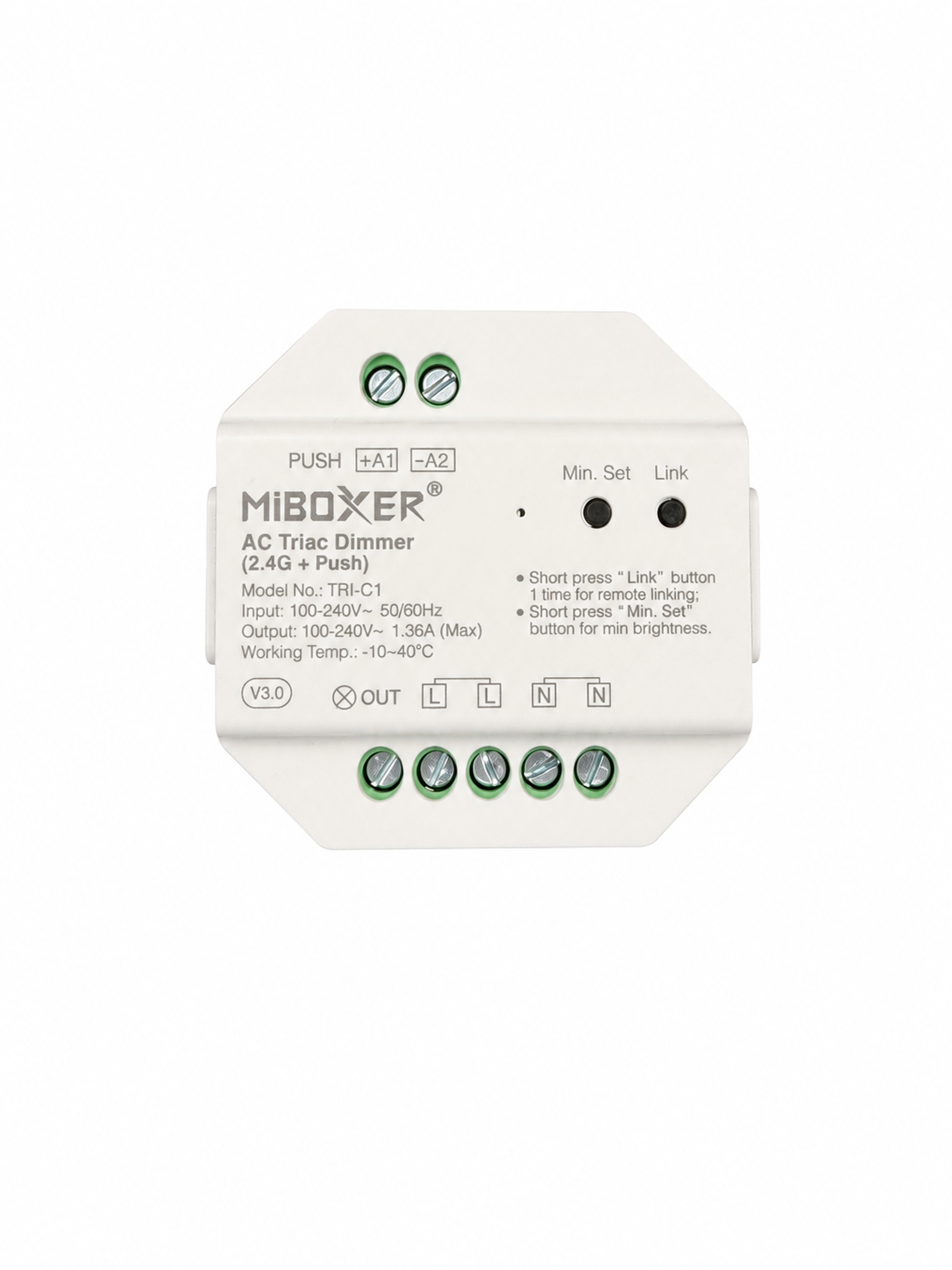 MiBoxer TRI-C1 AC Triac Dimmer 230V – 2,4 GHz RF & Push-Taster