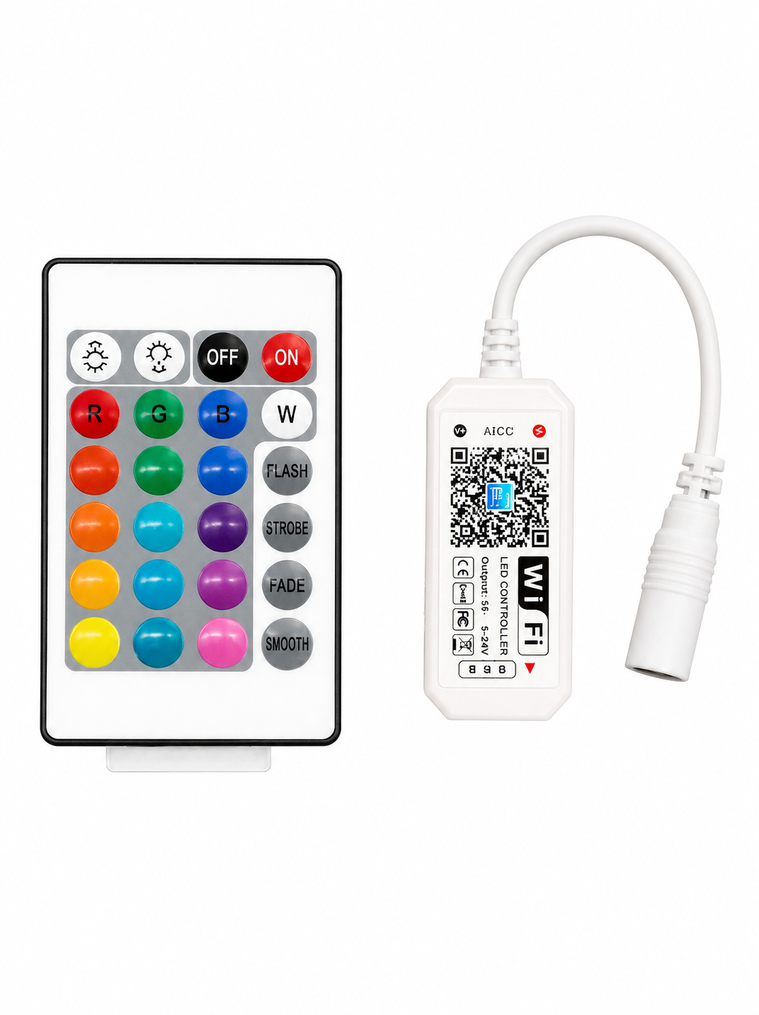 WiFi RGB LED Controller 12–24V – App-Steuerung & 24-Tasten Fernbedienung – 4-Pin RGB