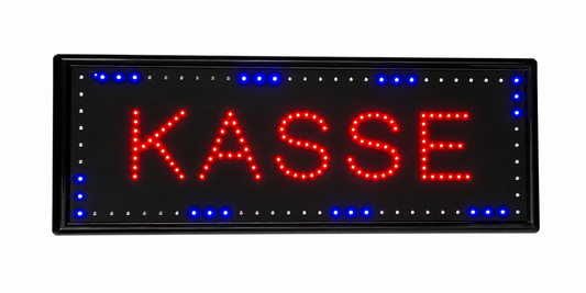 LED Sign „KASSE“ – Professionelles LED-Werbeschild mit roter Schrift und blauen Akzent-LEDs