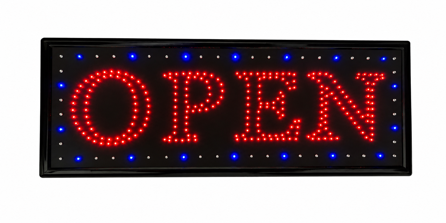 LED OPEN Leuchtschild mit roter Schrift und blauen Akzent-LEDs – Professionelles Werbeschild für Geschäfte, Restaurants & Unternehmen