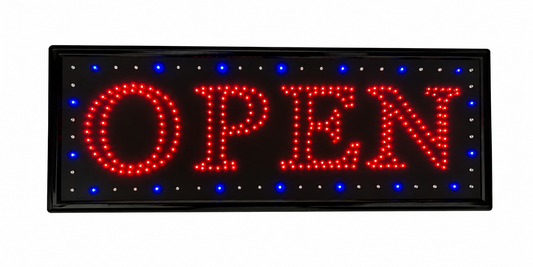 LED OPEN Leuchtschild mit roter Schrift und blauen Akzent-LEDs – Professionelles Werbeschild für Geschäfte, Restaurants & Unternehmen