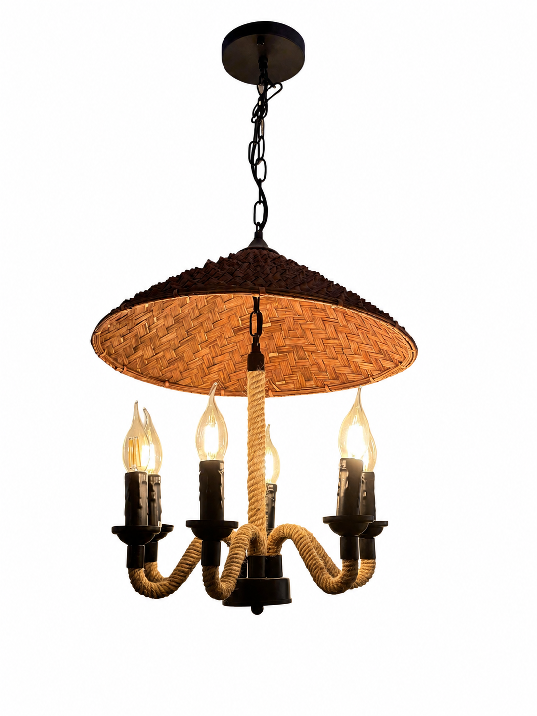 Rustikale Pendelleuchte aus Rattan & Seil – 5-flammig – E14 – 41 × 41 × 43 cm (9006-6)