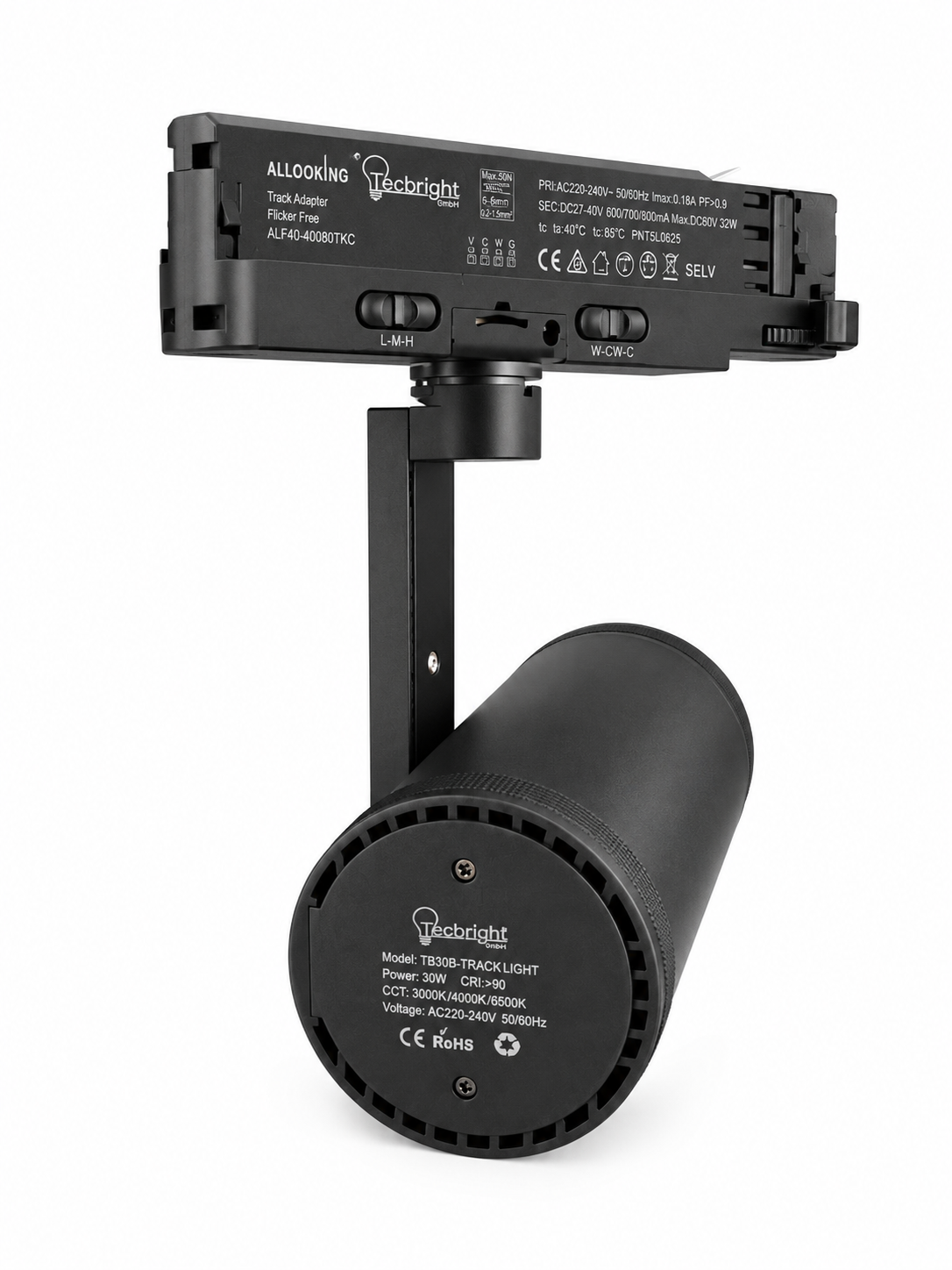 Tecbright ZoomTrack 30 Pro – 30W LED 3-Phasen Schienenstrahler | Schwarz | CCT umschaltbar | Zoom 15°–55°
