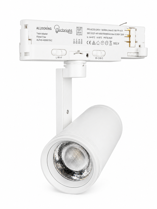 Tecbright ZoomTrack 30 Pro – 30W LED 3-Phasen Schienenstrahler | Weiß | CCT umschaltbar | Zoom 15°–55°
