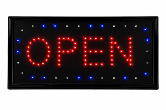 LED OPEN Leuchtschild mit roter Schrift und blauen Akzent-LEDs – Professionelles Werbeschild für Geschäfte, Restaurants & Unternehmen