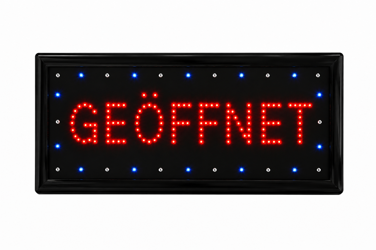 LED Sign „GEÖFFNET“ – Professionelles LED-Werbeschild mit roter Schrift und blauen Akzent-LEDs