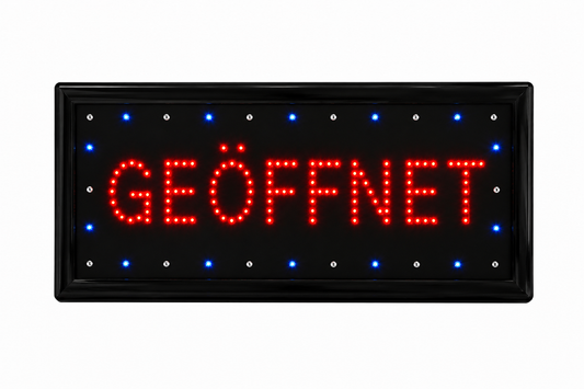 LED Sign „GEÖFFNET“ – Professionelles LED-Werbeschild mit roter Schrift und blauen Akzent-LEDs