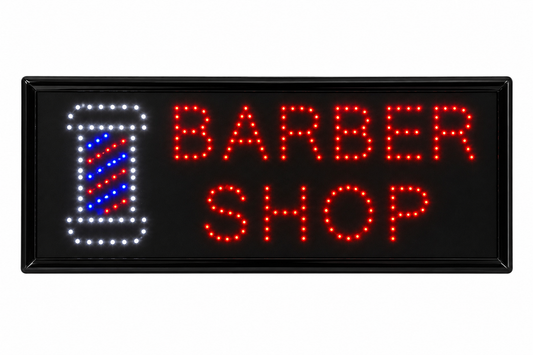 LED Sign „BARBER SHOP“ – Professionelles LED-Werbeschild mit Barber Pole Symbol