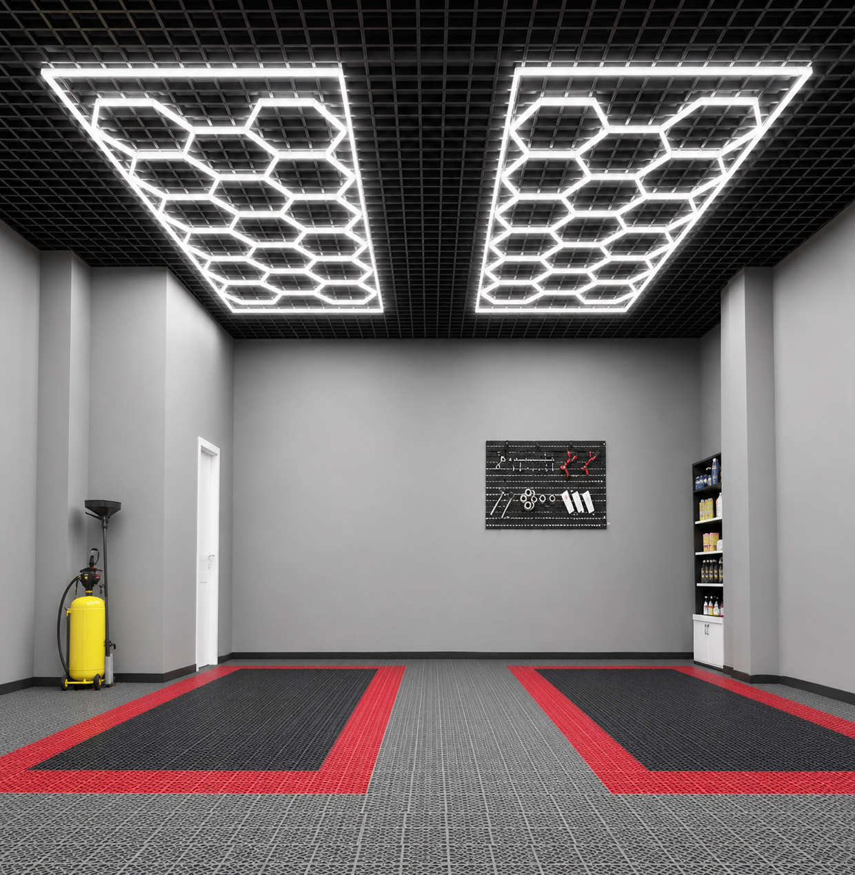 Hexagon LED-Deckenbeleuchtung – geometrische Garagenbeleuchtung für Werkstatt, Fahrzeugaufbereitung und Waschhalle