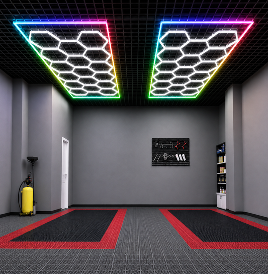 LED Hexagon Garagenleuchte mit RGB-Rand – Modernes Deckenlicht für Garage, Werkstatt & Detailing-Bereich – 1 Stück