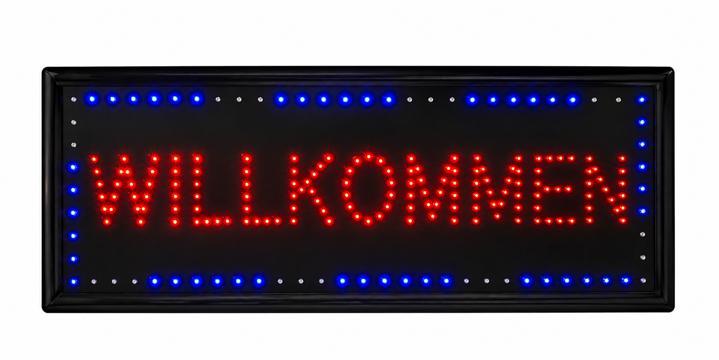 LED „WILLKOMMEN“ Leuchtschild mit blauer Akzentbeleuchtung – Professionelles Werbeschild für Eingangsbereiche und Geschäfte