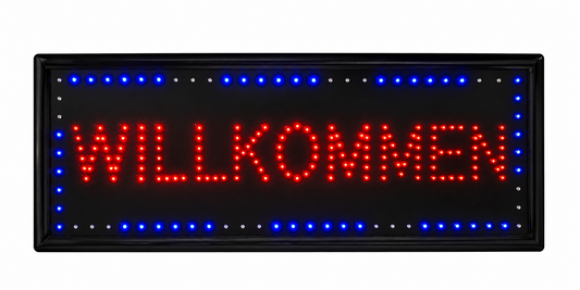 LED „WILLKOMMEN“ Leuchtschild mit blauer Akzentbeleuchtung – Professionelles Werbeschild für Eingangsbereiche und Geschäfte