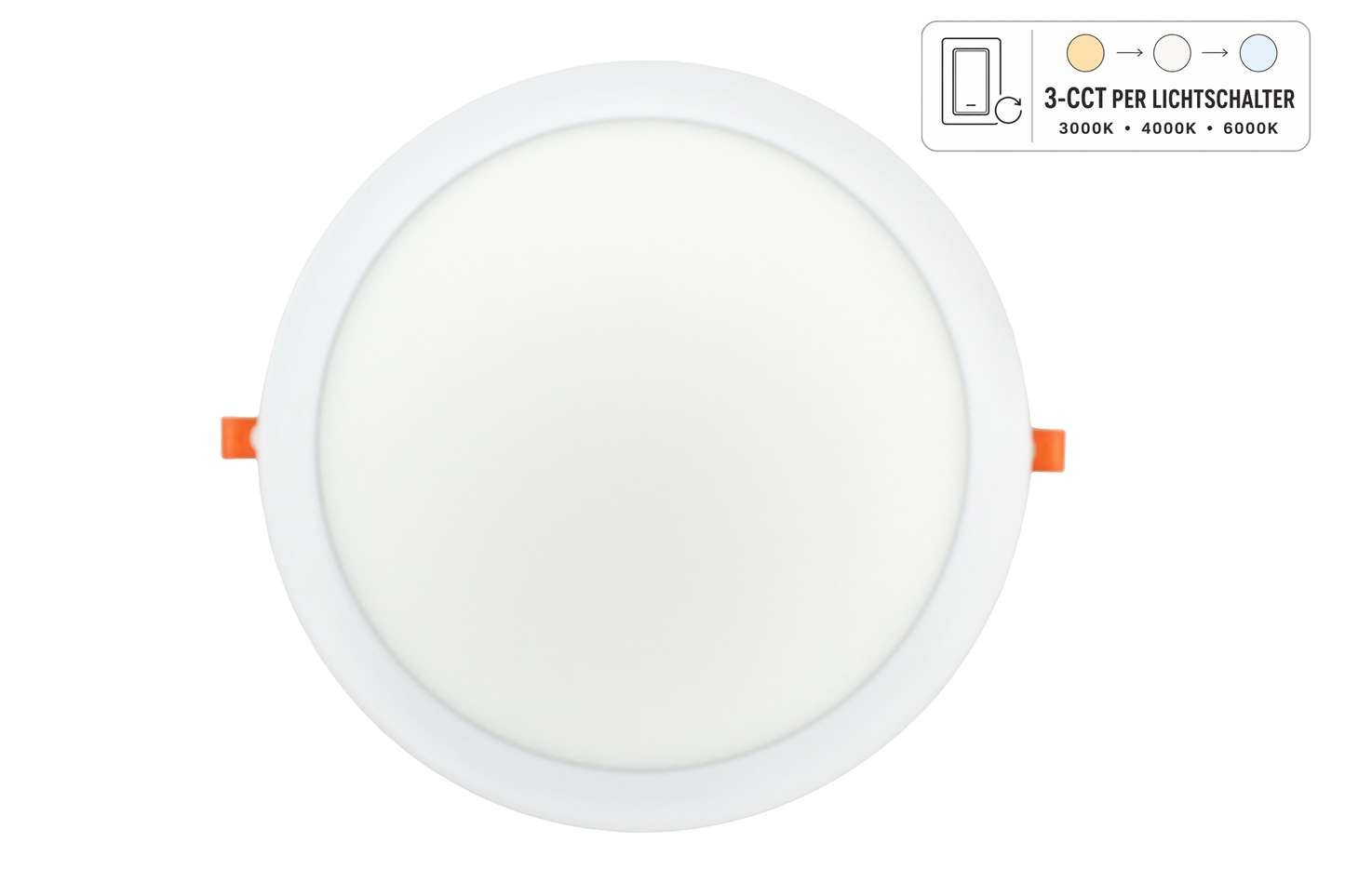Tecbright 24W LED Einbaupanel 3-CCT – Farbwechsel per Lichtschalter – Ø 300 mm