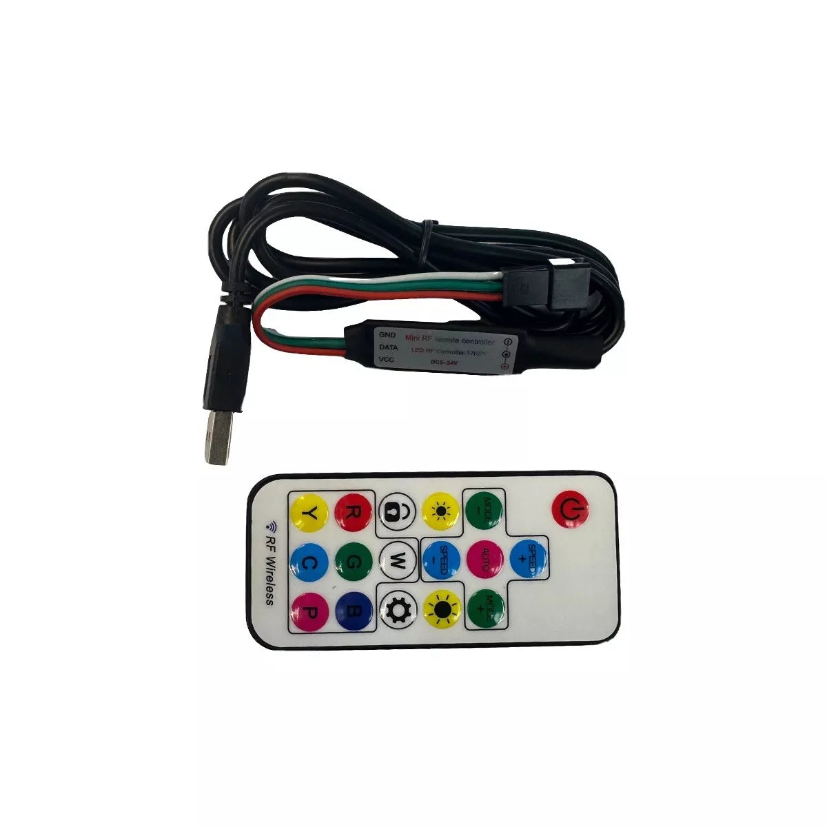 WS2812B RGB LED Controller mit 17-Tasten-RF-Fernbedienung – USB-Stromversorgung für adressierbare LED Streifen (DC 5-24V)